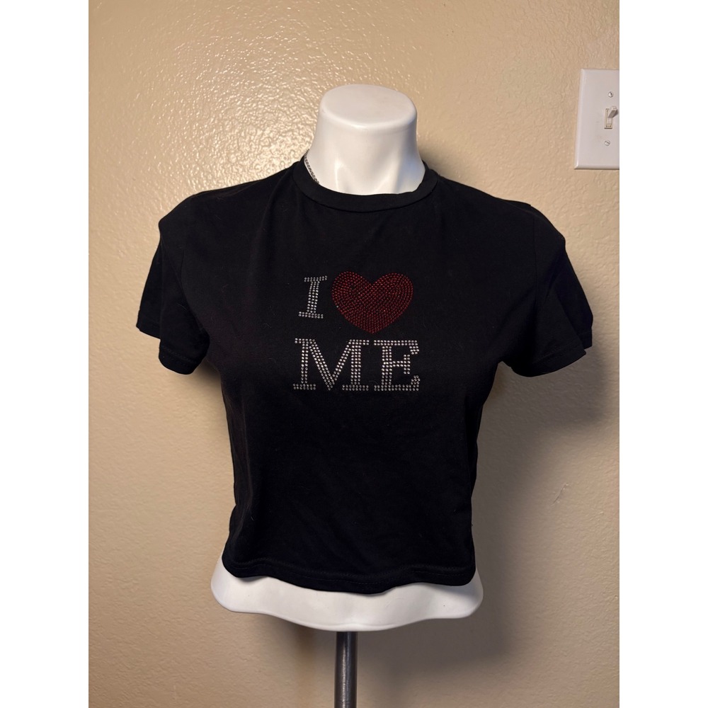 Womens Black I Love Me Rhinestone Graphic Baby Tee Cropped Short Sleeve Shirt #5